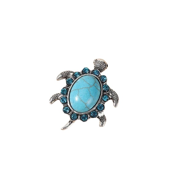 Turquoise and Rhinestone Silver Turtle Ring - Picture 2 of 6